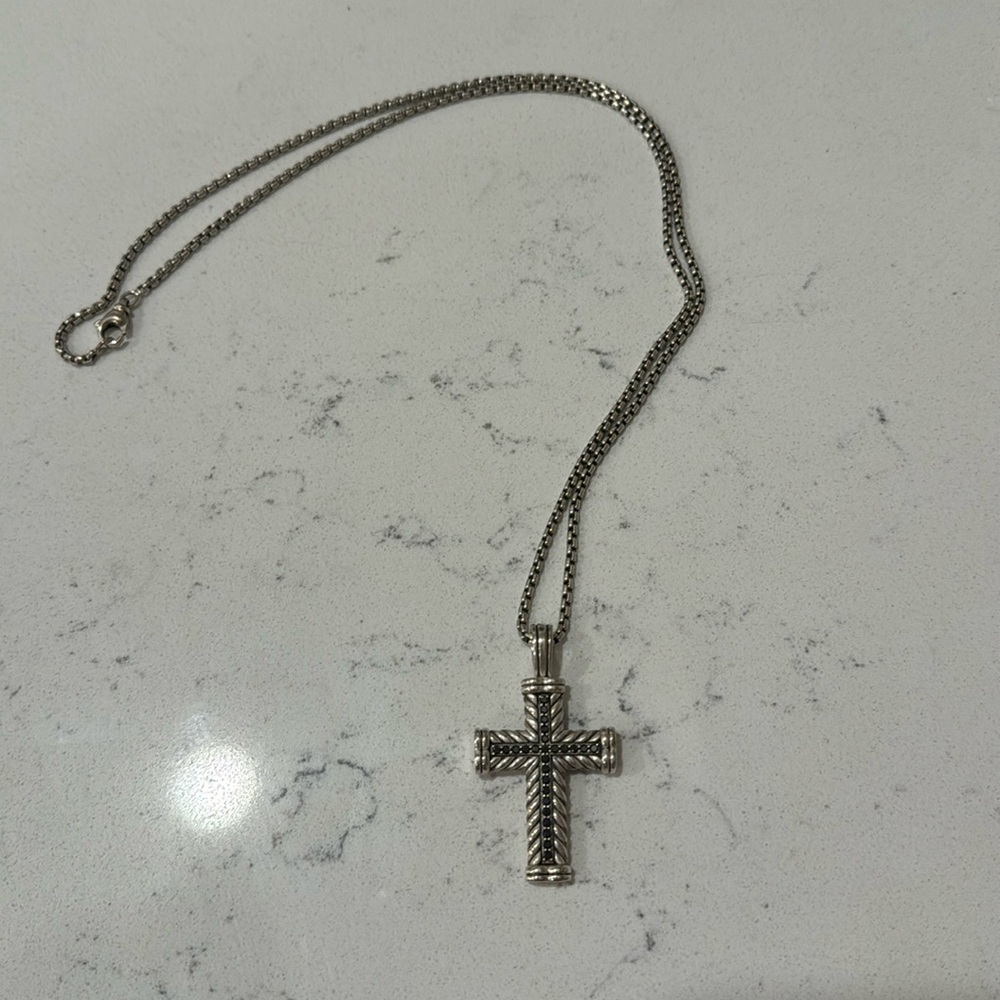 David Yurman Chevron Cross Pendant Sterling Silver with Black Diamonds, 41.5mm
